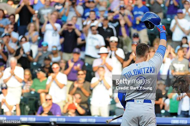 Troy Tulowitzki of the Toronto Blue Jays acknowledges the crowd in the second inning against the Colorado Rockies at Coors Field on June 27, 2016 in...