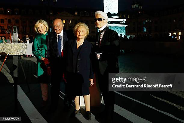 Heini Wathen, Mohamed Al-Fayed, Bernadette Chirac and Karl Lagerfeld attend the "Colonne Vendome" Is Unveiled After Restoration Works on June 27,...
