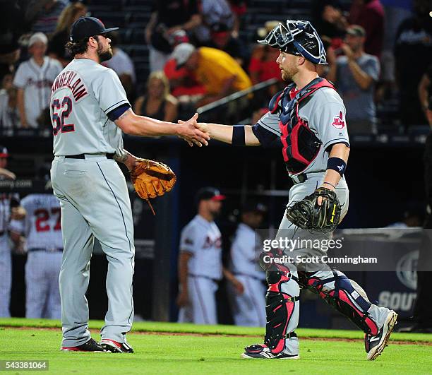 Joba Chamberlain and Chris Gimenez of the Cleveland Indians celebrate after the game against the Atlanta Braves at Turner Field on June 27, 2016 in...
