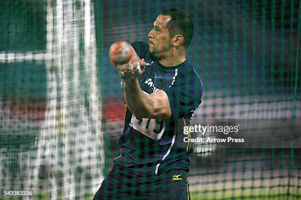 Koji Murofushi of Japan competes in Men's Hammer Throw during the 100th Japan National Athletic Championships at the Mizuho Athletics Stadium on June...