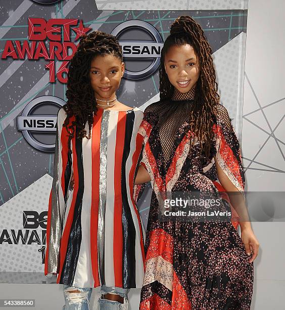 Chloe Bailey and Halle Bailey of Chloe X Halle attend the 2016 BET Awards at Microsoft Theater on June 26, 2016 in Los Angeles, California.