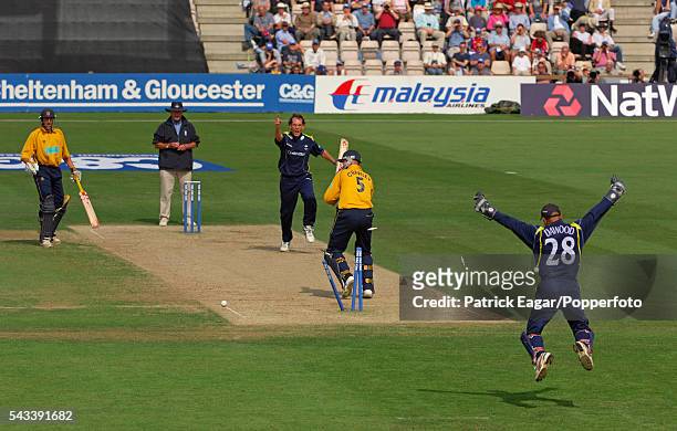 John Crawley of Hampshire is bowled by Deon Kruis of Yorkshire for 8 runs during the Cheltenham & Gloucester Trophy Semi Final between Hampshire and...