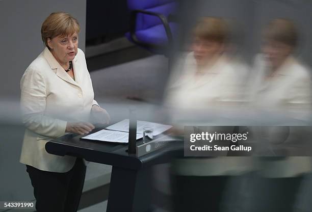 German Chancellor Angela Merkel addresses the Bundestag with a government declaration on the recent Brexit vote on June 28, 2016 in Berlin, Germany....