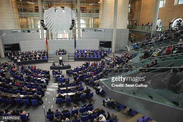 German Chancellor Angela Merkel addresses the Bundestag with a government declaration on the recent Brexit vote on June 28, 2016 in Berlin, Germany....