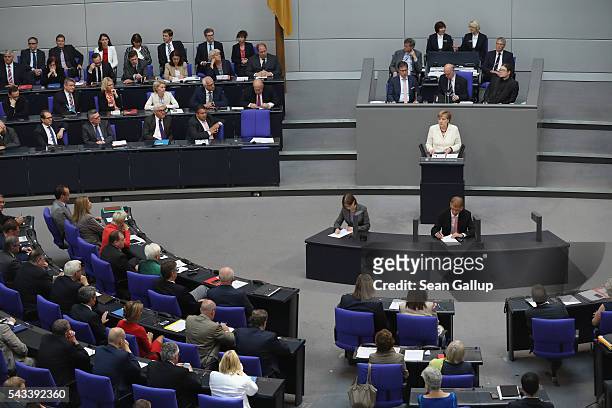 German Chancellor Angela Merkel addresses the Bundestag with a government declaration on the recent Brexit vote on June 28, 2016 in Berlin, Germany....
