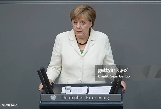 German Chancellor Angela Merkel addresses the Bundestag with a government declaration on the recent Brexit vote on June 28, 2016 in Berlin, Germany....