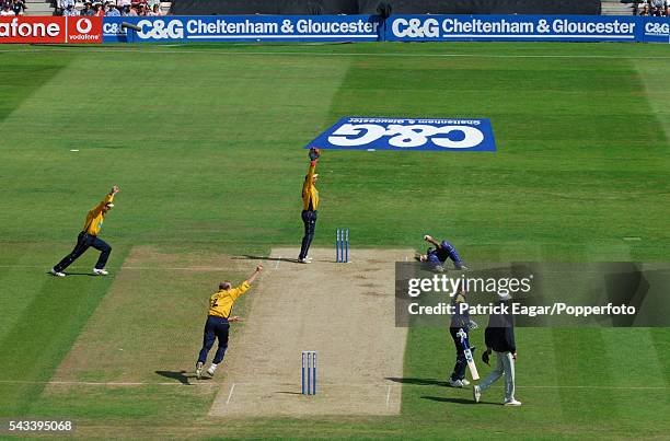 Ismail Dawood of Yorkshire is run out by a direct hit during the Cheltenham & Gloucester Trophy Semi Final between Hampshire and Yorkshire at The...