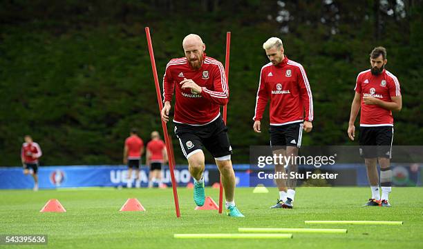 Wales defender James Collins in action during Wales training at their Euro 2016 base camp ahead of their Quarter Final match against Belguim, on June...