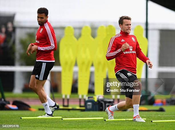 Wales defender Chris Gunter in action during Wales training at their Euro 2016 base camp ahead of their Quarter Final match against Belguim, on June...