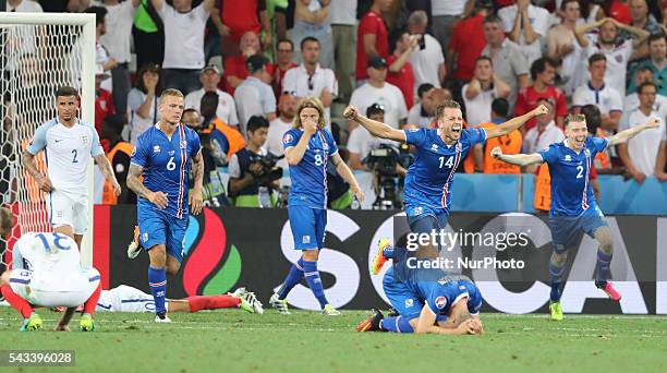 Iceland team celebration, during the UEFA EURO 2016 round of 16 match between England and Iceland at Allianz Riviera Stadium on June 27, 2016 in...