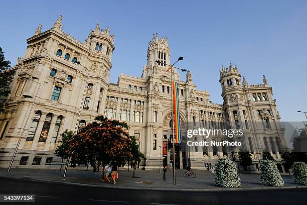 General view of a rainbow flag displayed on the facade of the City Hall de Madrid building for the Gay Pride Week in Madrid, Spain, 27 June 2016. The...