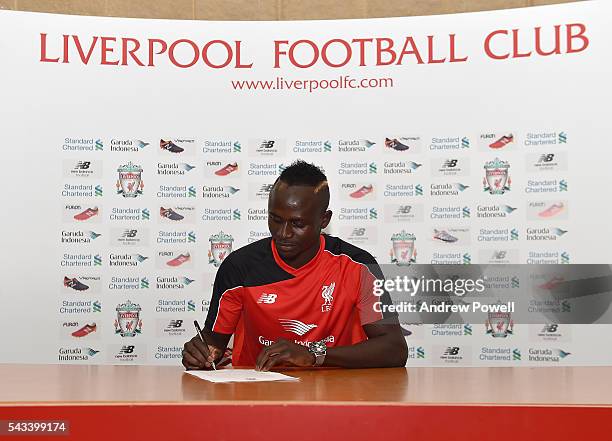 Sadio Mane new signing of Liverpool at Melwood Training Ground on June 28, 2016 in Liverpool, England.