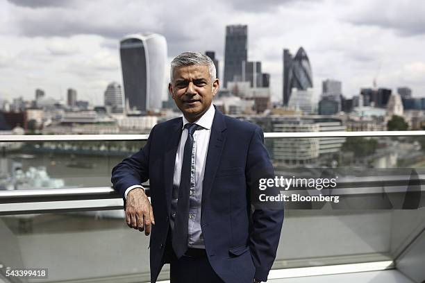 Sadiq Khan, mayor of London, poses for a photograph following a Bloomberg Television interview at City Hall in London, U.K., on Tuesday, June 28,...
