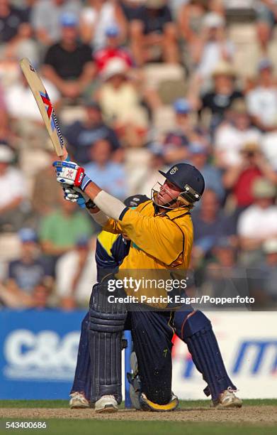 Sean Ervine of Hampshire hits a 6 during his innings of 100 runs in the Cheltenham & Gloucester Trophy Semi Final between Hampshire and Yorkshire at...