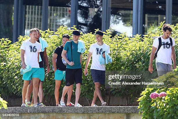 Marc-Andre ter Stegen, Jonathan Tah, Joshua Kimmich, Andre Schuerrle, Julian Weigl and Mats Hummels of team Germany visits the public Evian swimming...
