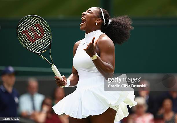 Serena Williams of The United States reacts during the Ladies Singles first round match against Amra Sadikovic of Switzerland on day two of the...