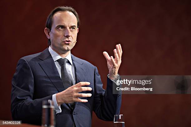 Mark Branson, chief executive officer of the Swiss Financial Market Supervisory Authority , gestures as he speaks during the Swiss International...