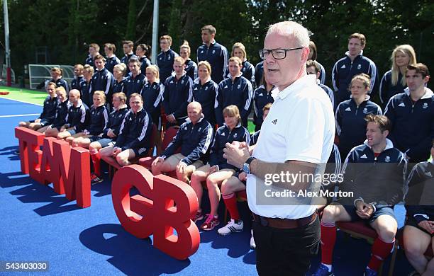 Team GB Chef de Mission Mark England speaks during the Announcement of Hockey Athletes Named in Team GB for the Rio 2016 Olympic Games at the Bisham...