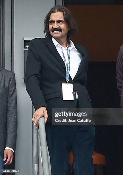 Former Emir of Qatar, Sheikh Hamad bin Khalifa Al Thani attends the UEFA Euro 2016 round of 16 match between Italy and Spain at Stade de France on...