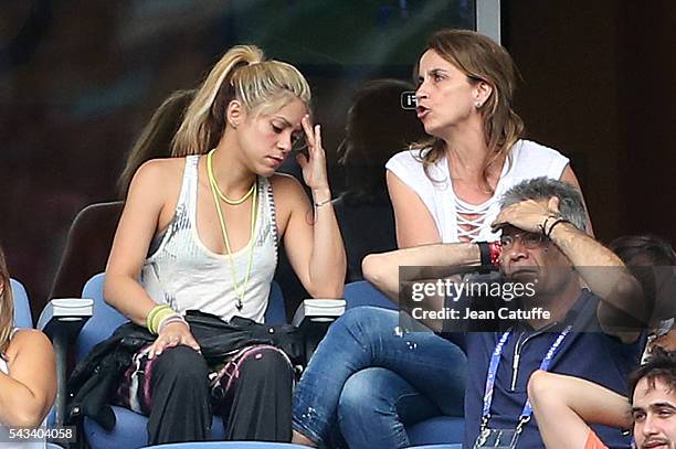 Shakira, wife of Gerard Pique and his parents Montserrat Bernabeu and Joan Pique attend the UEFA Euro 2016 round of 16 match between Italy and Spain...