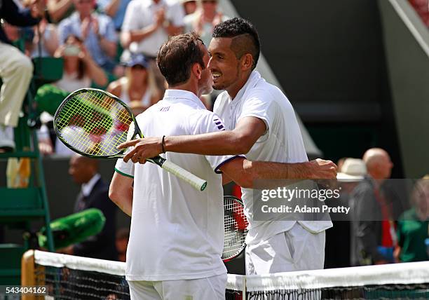 Nick Kyrgios of Australia and Radek Stepanek of The Czech Republic shake hands following the Men's Singles first round match on day two of the...