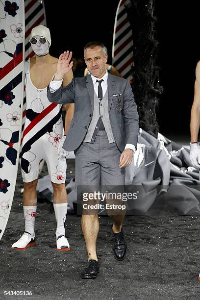 Designer Thom Browne walks the runway during the Thom Browne Menswear Spring/Summer 2017 show as part of Paris Fashion Week on June 26, 2016 in...