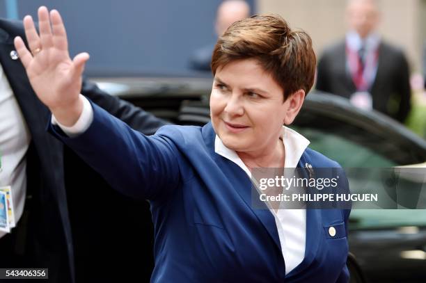 Poland's Prime minister Beata Szyd?o arrives before an EU summit meeting on June 28, 2016 at the European Union headquarters in Brussels. / AFP PHOTO...