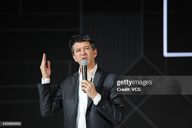 Uber CEO Travis Kalanick delivers a speech at the Third Netease Future Technology Conference on June 28, 2016 in Beijing, China. Concentrated around...