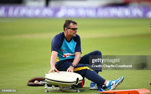 Sri Lanka head coach Graham Ford in action during a warm up exercise during an England & Sri Lanka Nets Session at The Kia Oval on June 28, 2016 in...