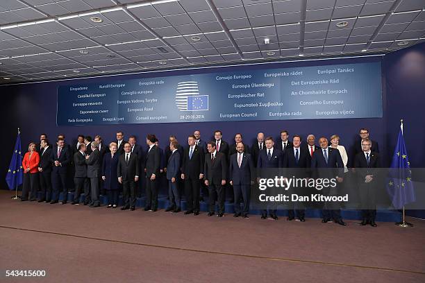 The group family photo with the European Council during a European Council Meeting at the Council of the European Union on June 28, 2016 in Brussels,...