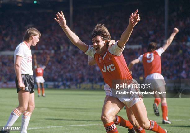 Charlie Nicholas of Arsenal celebrates after scoring the 1st goal during the Littlewoods League Cup Final between Arsenal and Liverpool at Wembley...
