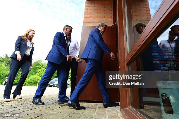 Roy Hodgson , Martin Glenn , CEO of the FA and Amanda Doherty, FA Director of Communications arrive for a press conference on June 28, 2016 in...