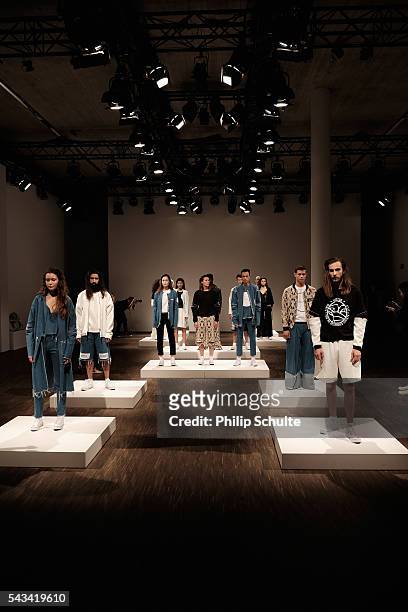 Models pose at the Vektor show during the Mercedes-Benz Fashion Week Berlin Spring/Summer 2017 at Stage at me Collectors Room on June 28, 2016 in...