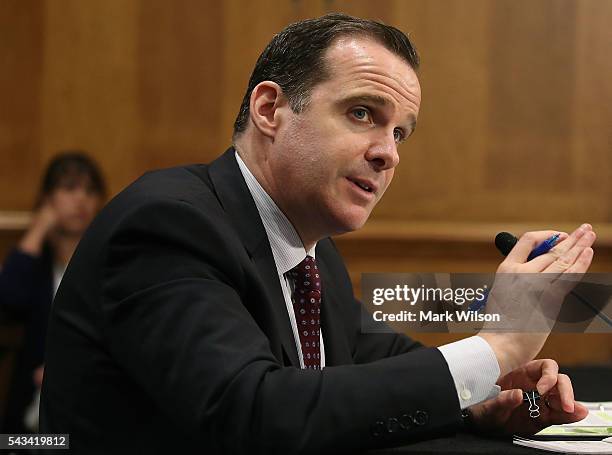 Brett McGurk, US special presidential envoy for the Global Coalition to Counter ISIL, testifies during a Senate Foreign Relations Committee hearing...