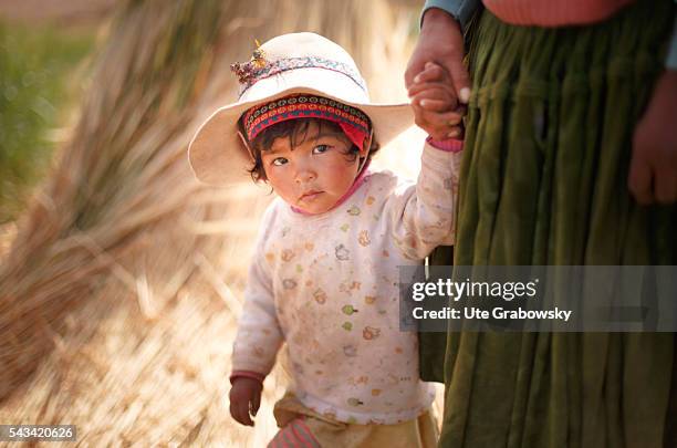 Sacaca, Bolivia Little girl, a farmer's child, at her mother's hand in the Andes of Bolivia on April 15, 2016 in Sacaca, Bolivia.