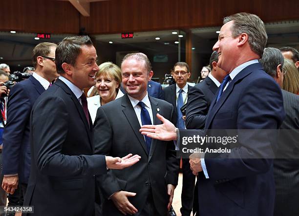 British Prime Minister David Cameron , Prime Minister of Luxembourg Xavier Bettel and Prime Minister of Malta, Joseph Muscat attend EU Leaders Summit...