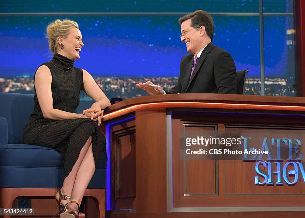 The Late Show With Stephen Colbert; Host Stephen Colbert talks with guest Taylor Schilling for Friday's 6/24/16 show taping in New York.