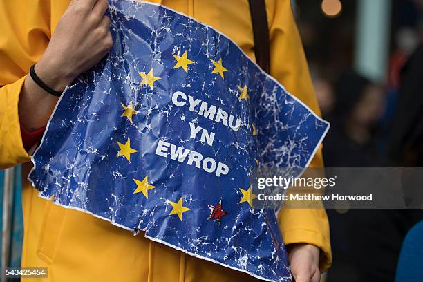 Pro-EU sign is seen during an anti-Brexit rally on June 28, 2016 on the Hayes in Cardiff, Wales. The protest is at a time of economic and political...