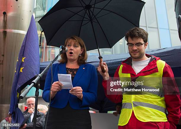 Leanne Wood, leader of Plaid Cymru, speaks during an anti-Brexit rally on June 28, 2016 on the Hayes in Cardiff, Wales. The protest is at a time of...