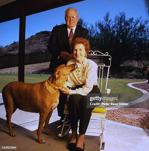 Casual portrait of Arizona Cardinals coach Buddy Ryan with wife Joanie and dog outside their home. Phoenix, AZ 3/26/1994 CREDIT: Peter Read Miller