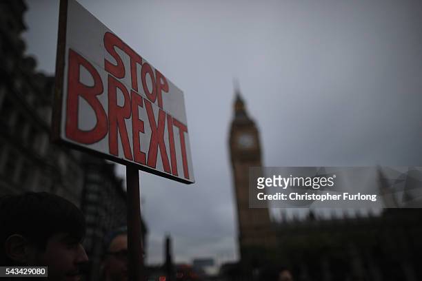 Protesters gather in front of the Houses of Parliament as they demonstrate against the EU referendum result on June 28, 2016 in London, England. Up...