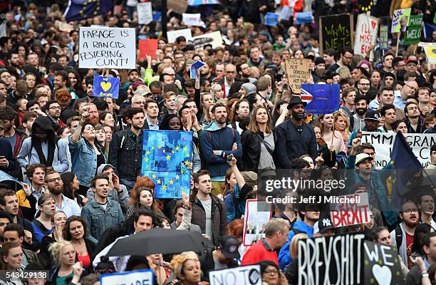 Protesters gather to demonstrate against the EU referendum result outside the Houses of Parliament on June 28, 2016 in London, England. Up to 50,000...