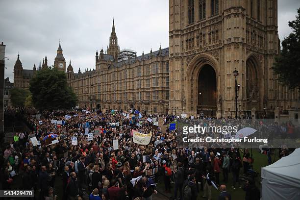 Protesters gather on College Green in front of the Houses of Parliament as they demonstrate against the EU referendum result on June 28, 2016 in...