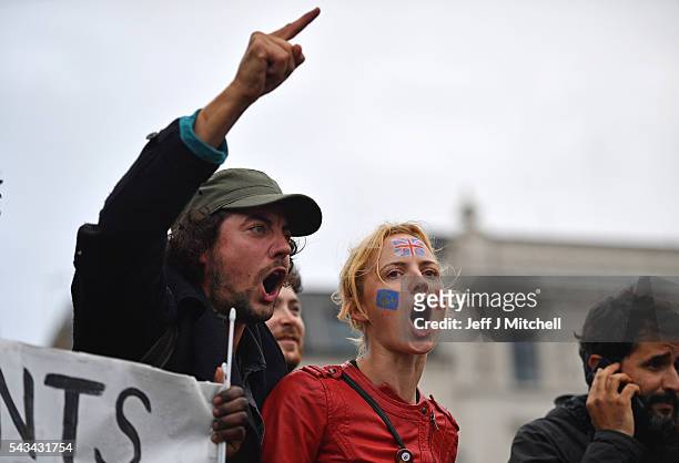 Protesters gather to demostrate against the EU referendum result in Trafalgar Square on June 28, 2016 in London, England. Up to 50,000 people were...