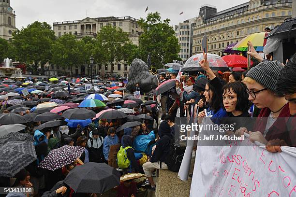 Protesters gather to demostrate against the EU referendum result in Trafalgar Square on June 28, 2016 in London, England. Up to 50,000 people were...