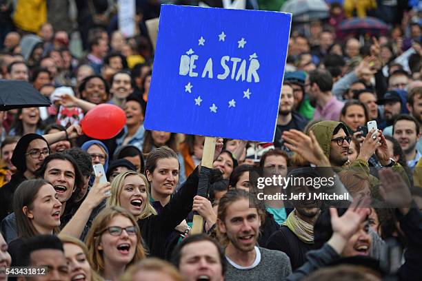 Protesters gather to demostrate against the EU referendum result in Trafalgar Square on June 28, 2016 in London, England. Up to 50,000 people were...