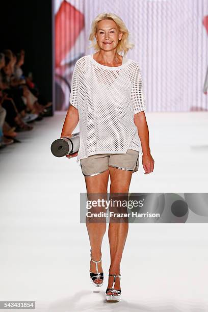 Model walks the runway at the Riani show during the Mercedes-Benz Fashion Week Berlin Spring/Summer 2017 at Erika Hess Eisstadion on June 28, 2016 in...