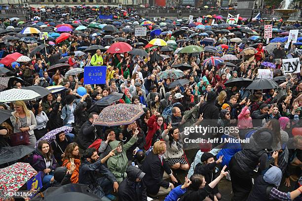 Protesters gather to demostrate against the EU referendum result in Trafalgar Square on June 28, 2016 in London, England. Up to 50,000 people were...