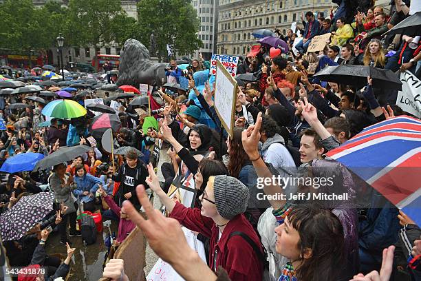 Protesters gather to demostrate against the EU referendum result in Trafalgar Square on June 28, 2016 in London, England. Up to 50,000 people were...