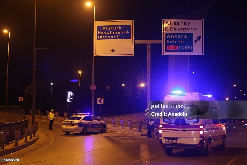 ISTANBUL, TURKEY - JUNE 28: Police blocks the entrance of the Ataturk International Airport after an explosion, in Istanbul, Turkey on June 28, 2016. Unspecified number of injured in explosion at Istanbul's Ataturk International Airport. (Photo by Veli Gurgah/Anadolu Agency/Getty Images)